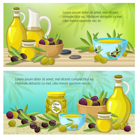 Two horizontal olive colored banner set with products derived from olives on table vector illustrationのイラスト素材