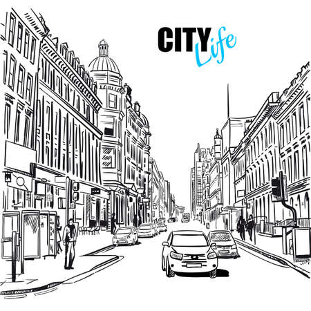 Black and white sketch city street with street view cars and buildings vector illustrationのイラスト素材