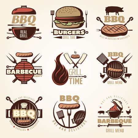 BBQ isolated emblems set with sausage on frying pan barbecue grill meat and burger retro symbols vector illustrationのイラスト素材
