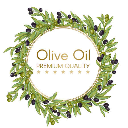 Premium quality olive oil isolated round wrench composition with olives branches editable text on blank background vector illustrationのイラスト素材