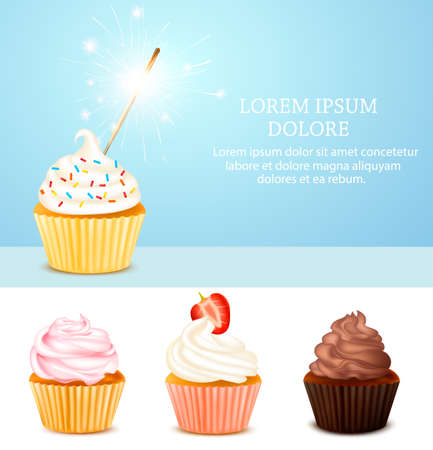 Colored realistic birthday card with some isolated cupcakes and bengal light on light blue background vector illustrationのイラスト素材
