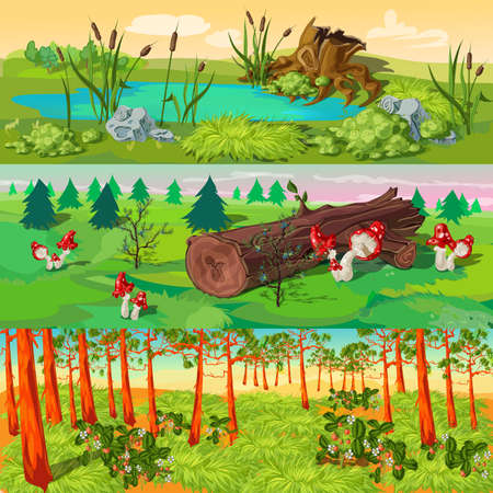 Forest horizontal banners set with pond and reeds spruces and mushrooms pines and strawberry isolated vector illustrationのイラスト素材