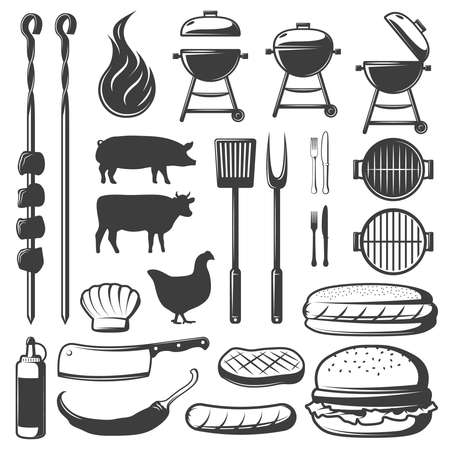 Isolated barbecue objects set with animal silhouettes skewer pans and grills burger pepper and sauce symbols vector illustrationのイラスト素材