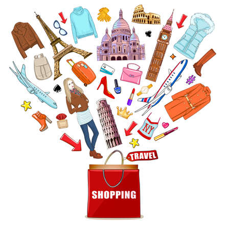 Isolated shopping europe travel composition with red shopping bag and purchases depart out of him vector illustrationのイラスト素材
