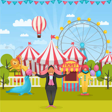 Cartoon style composition with amusement park and circus artists with tents and flying air balloon vector illustrationのイラスト素材