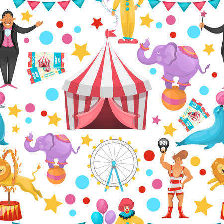 Colorful pattern with stars rounds of different colour tickets circus artist and animal symbols isolated vector illustrationのイラスト素材