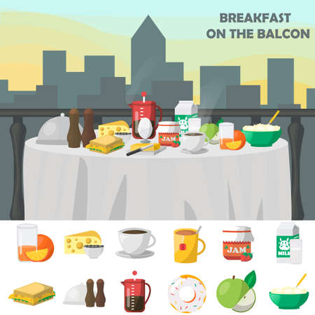 Breakfast on balcon concept with morning meal on city scenery background and food icons isolated vector illustrationのイラスト素材