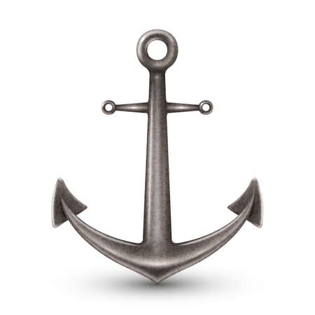 Single realistic shiny steel anchor with rings and shadow on white background isolated vector illustrationのイラスト素材