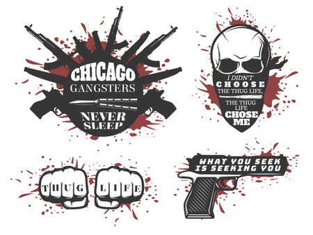 Set with four isolated illustrations bloody with skulls fists and mafia weapons on blank background flat vector illustrationのイラスト素材
