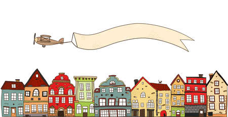 Composition with cartoon image of airplane with banner text place and flat houses of different colour vector illustrationのイラスト素材