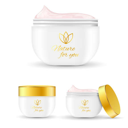 Jars of cream set with white glossy substance in open package with floral emblem isolated vector illustrationのイラスト素材