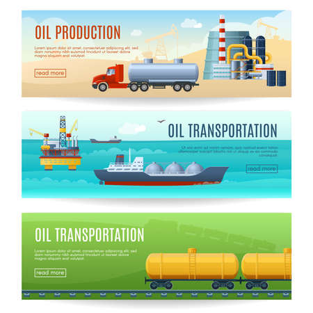 Three horizontal banners set with cartoon images of desert sea and railway industrial landscapes fuel transportation vector illustrationのイラスト素材