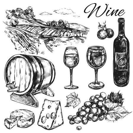 Black isolated wine vineyard icon set with bottle cheese wine barrels field vector illustration