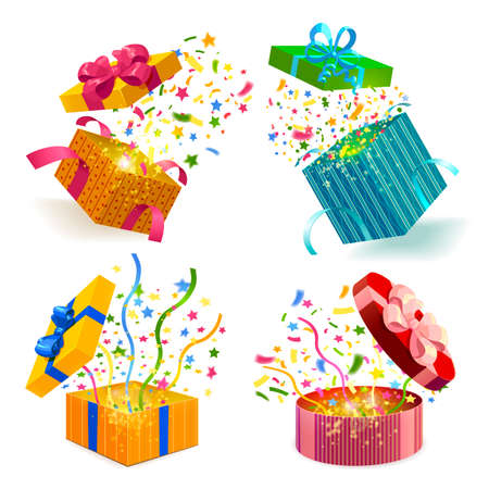 Open gift boxes of different design  and fireworks from confetti 3d set isolated vector illustrationのイラスト素材