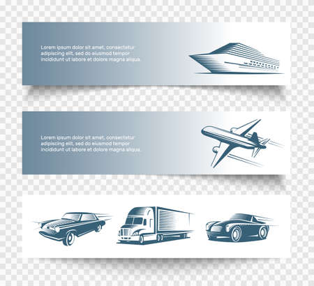 Flat isolated horizontal banners set with different transport symbols and editable text on transparent background vector illustrationのイラスト素材
