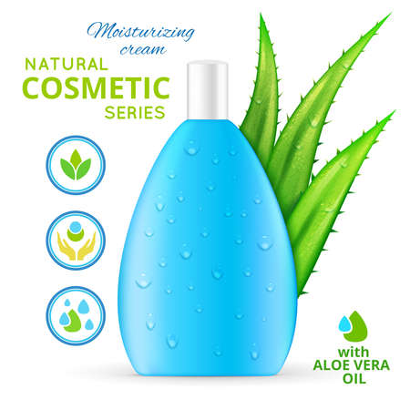 Moisturizing cream natural cosmetics design with drops of aloe oil at bottle and organic icons vector illustrationのイラスト素材