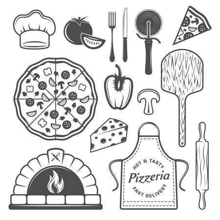 Pizzeria monochrome elements set with cooked product and vegetables uniform of chef culinary utensils isolated vector illustrationのイラスト素材