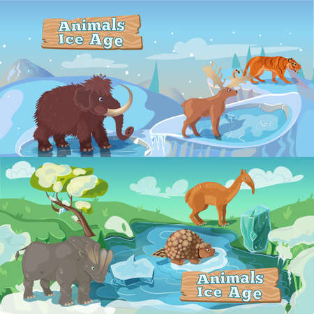 Beasts ice age horizontal banners including life of saber tooth tiger mammoth and deer isolated vector illustrationのイラスト素材