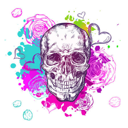 Skull cow boho composition with hand drawn doodles hearts and watercolor paints vector illustrationのイラスト素材
