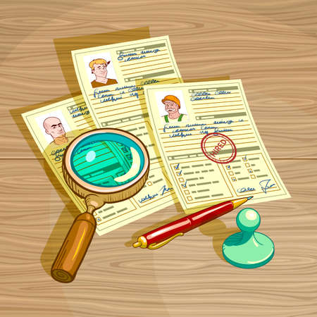 Human resources management design with personal cards magnifier pen and stamp hired on wooden background vector illustrationのイラスト素材