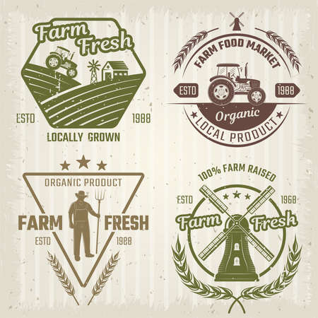 Farm retro style with fields windmill tractor wheat and stars on textured background isolated vector illustrationのイラスト素材
