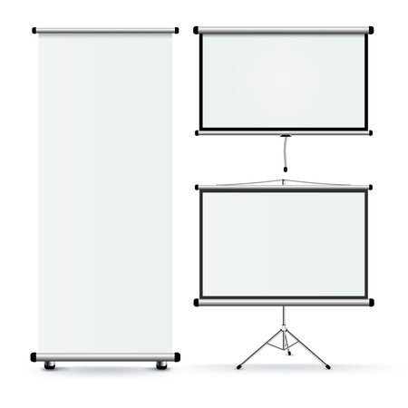 Set of three isolated realistic images of educational rolling stands with blank projection screen on pedestal wall and unrolled with shadows vector illustrationのイラスト素材