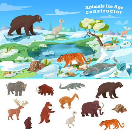 Animals ice age concept with wildlife design and set of beasts of prehistoric period isolated vector illustrationのイラスト素材