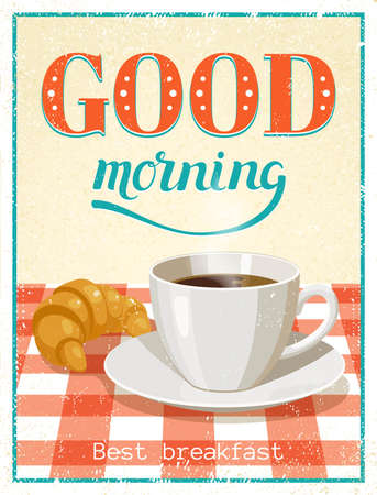 Breakfast poster with drawn cup of coffee and croissant on red checkered tablecloth with decorative text vector illustrationのイラスト素材