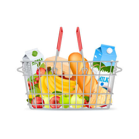 Isolated realistic image of metallic supermarket basket full of items with bread fruits drinks front view vector illustrationのイラスト素材