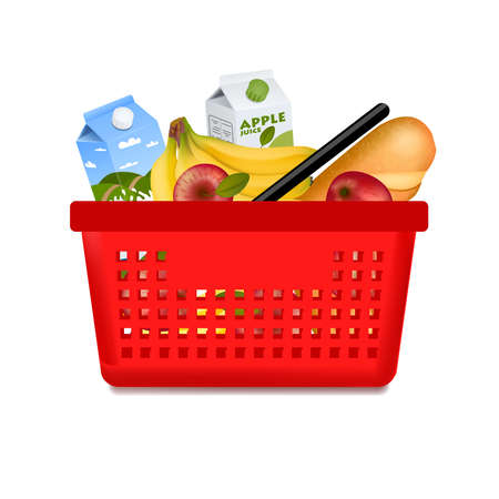 Isolated red supermarket basket full of items products grocery front view on blank background vector illustrationのイラスト素材