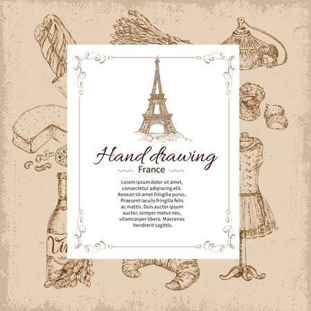 Drawn paris icon set with french food symbols overlaid by rectangular title label with eiffel tower vector illustrationのイラスト素材
