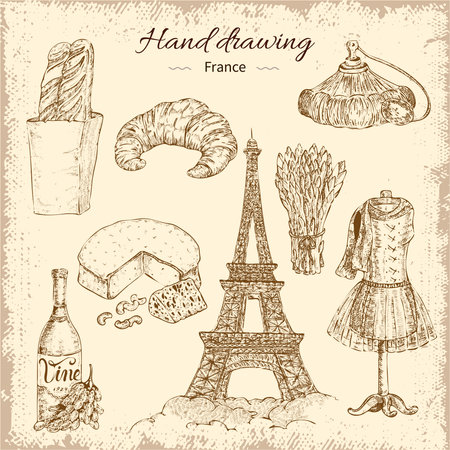 Hand drawn paris decorative icon set with different french snacks wine clothes and eiffel tower images vector illustrationのイラスト素材