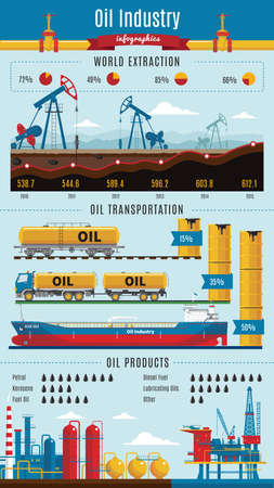 Oil industry infographics with extractive rigs and transportation petroleum products charts and statistics vector illustrationのイラスト素材