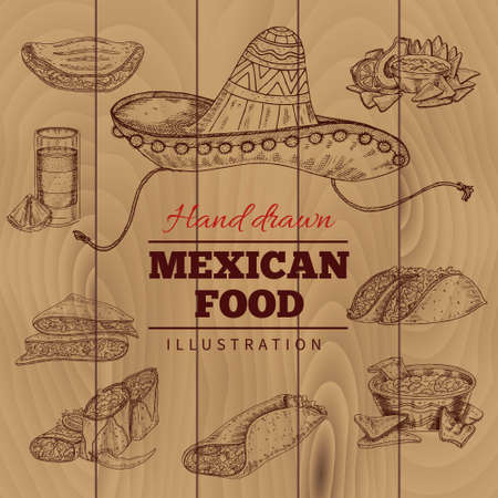 Mexican food including tequila nacho taco and national hat on wooden planks background hand drawn vector illustrationのイラスト素材