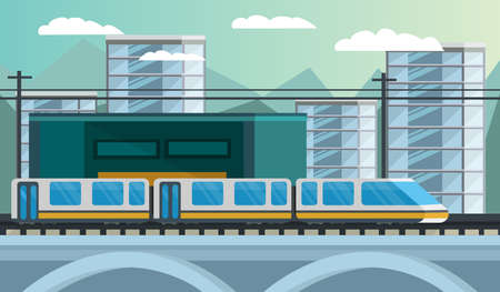 Railway transport composition including modern train and station on city landscape background orthogonal vector illustrationのイラスト素材