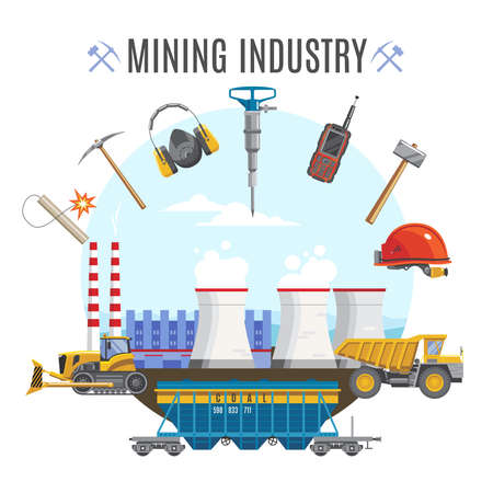 Mining industial background composition with factory equipment and transportation vehicles flat symbols with editable title text vector illustrationのイラスト素材