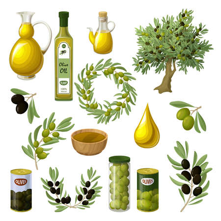Cartoon olive oil elements set with tree branches wreath pitchers cans jars drop bowls isolated vector illustrationのイラスト素材