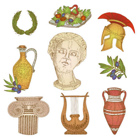 Isolated colorful hand drawn greek elements with decorative images of ancient items jars amphora olive branch vector illustrationのイラスト素材
