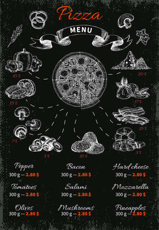 Hand drawn pizza infographics menu with filler ingredients isolated symbols captions and prices on black background vector illustrationのイラスト素材