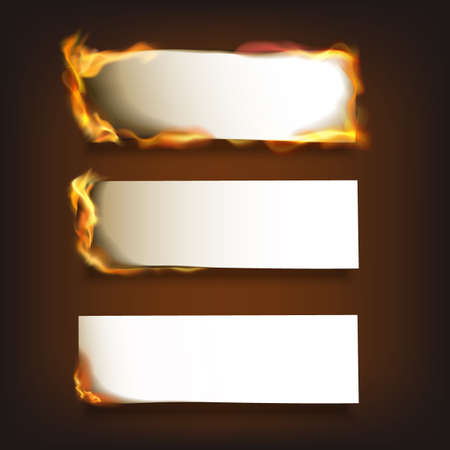 Burning blank paper sheets set with various degree of ignition on black background isolated vector illustrationのイラスト素材