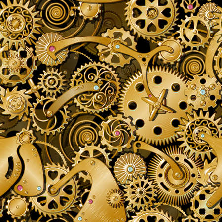 Golden gears of various size and decorative shape as a part of big mechanical engine vector illustrationのイラスト素材