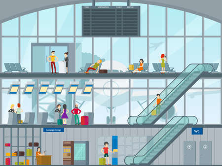People in airport concept with passengers visiting luggage storage passing customs control and waiting plane boarding vector illustrationのイラスト素材