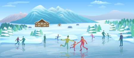 Mountain winter recreation template with group of people skating on frozen lake in snowy park vector illustrationのイラスト素材