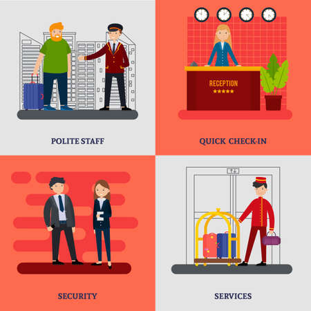 People in hotel square concept with professional workers providing top quality services vector illustrationのイラスト素材