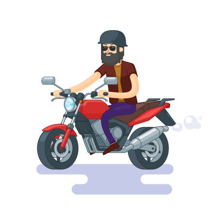 Colorful classic motorcycle concept with bearded man in helmet and sunglasses in flat style vector illustrationのイラスト素材