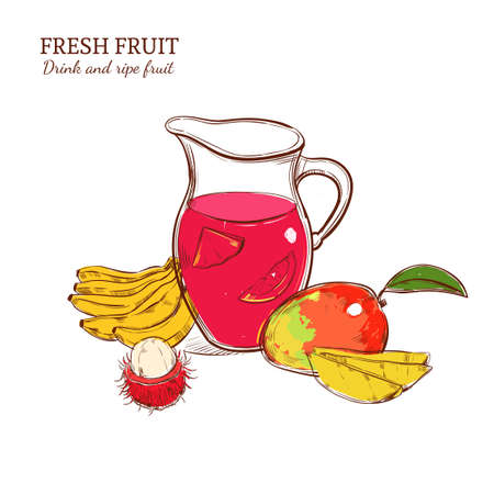 Sketch colored fresh drink concept with pitcher of natural juice of bananas rambutan mango isolated vector illustrationのイラスト素材