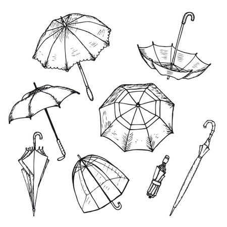 Hand drawn umbrellas set with opened and closed parasols of different shapes in various positions isolated vector illustrationのイラスト素材