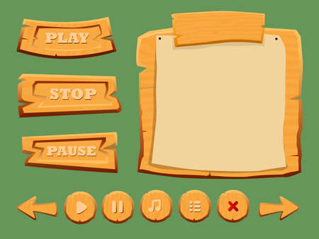 Game wooden interface elements set with menu and navigation buttons of different shapes isolated vector illustrationのイラスト素材
