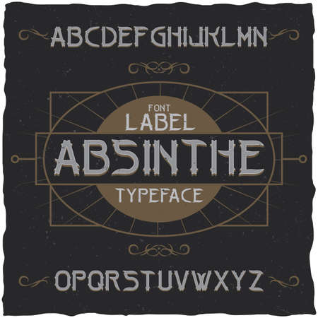Absinthe label font and sample label design with decoration. Handcrafted font, good to use in any vintage style labels.のイラスト素材