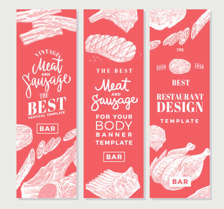 Hand drawn meat vertical banners with chicken beef pork bacon sausages steak salami products vector illustrationのイラスト素材
